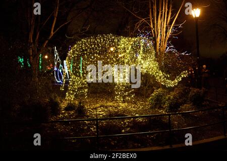 Zoo Lights Night im Smithsonian National Zoological Park im Dezember jedes Jahres, um die Saison zu feiern. Stockfoto