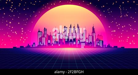 SCI-FI Vector Background, Night City Skyline im Stil von Retro Waves, Synth 80s Design. Futuristische Vektor-Illustration geometrischer Stil, tropische Nacht Retro 80er Fashion Sci-Fi Hintergrundlandschaft Stock Vektor