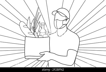 Linie Kunst, Zeichnung der Lieferung Mann hält eine Tasche mit Lebensmitteln, Gemüse, Brot und Wein, er trägt eine Gesichtsmaske, sichere Lieferung von Lebensmitteln zu Hause. Stock Vektor