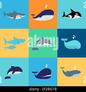 Vektor-Set von Wal, Delphin und Hai-Symbole. Grampus und Brunnen, Unterwasser und Natur Stock Vektor