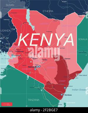 Kenia Land detaillierte editierbare Karte mit Regionen Städte und Städte, Straßen und Eisenbahnen, geografische Standorte. Vector EPS-10-Datei Stock Vektor