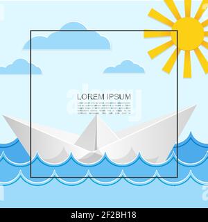 Sea travel Light Konzept mit Rahmen für Textpapier Sonne Und Origami-Boot schwimmend auf Wellen Vektor-Illustration Stock Vektor