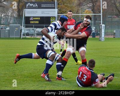 Glasgow, Schottland, Großbritannien. 1st. November 2014: Ein Rugby-Spiel gegen Glasgow Hawks und Herriot. Stockfoto