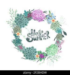 Schöne florale Rahmen mit verschiedenen Blumen und Sukkulenten. Blumenkarte. Hallo Sommer. Vektorgrafik Stock Vektor