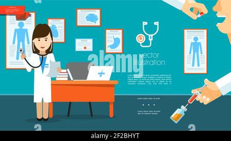 Flache medizinische Behandlung Hintergrund mit Krankenschwester mit Stethoskop Arzt Hände Spritze halten und Pille dem Patienten im Krankenhausinvektor geben Abbildung Stock Vektor