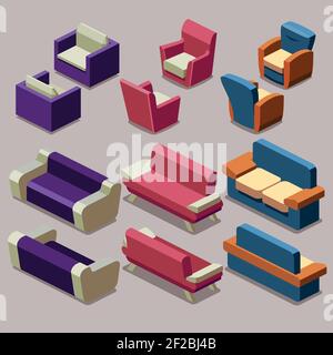 Wohnzimmer isometrische Möbel Vektor-Set. Sofa und Sessel. Sofa-Interieur, Sessel Möbel, isometrisches Sofa und Sessel Illustration Stock Vektor