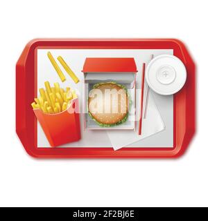 Vector Fast Food Set von realistischen Hamburger Classic Burger Kartoffeln Pommes Frites in rot Verpackung Box Blank Karton Tasse für Alkoholfreie Getränke mit Strohhalm Stock Vektor
