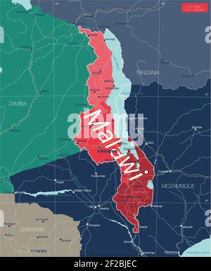 Malawi Land detaillierte editierbare Karte mit Regionen Städte und Städte, Straßen und Eisenbahnen, geografische Standorte. Vector EPS-10-Datei Stock Vektor