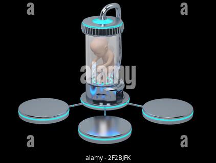 Embryo im Sci-Fi-Kolben und drei Callouts isoliert auf schwarz. 3D Rendern Stockfoto