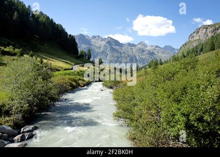 Alpenfluss des Schweizer Engadiner Fex-Tals. Stockfoto