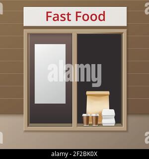 Vector Cafe Take Away Fenster mit Griff Lunch Bag Karton Hamburger Classic Burger Behälter und Brown Paper Cardboard Cups für Kaffee Stock Vektor