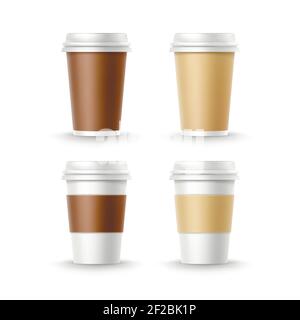 Vektor-Set von Blank Big Small White Ocher Brown Paper Cardboard Cups für Tee Kaffee isoliert auf weißem Hintergrund. Fast Food Stock Vektor