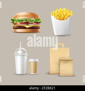 Vector Fast Food Set von realistischen Hamburger Classic Burger Kartoffeln King Pommes in weiß Verpackung Box Blank Karton Tassen für Kaffee Softdrinks mit Stock Vektor