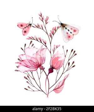 Aquarell Rosenstrauß. Große transparente rosa Blüten mit Schmetterlingen auf der Oberseite. Handgemalte abstrakte Kunstwerke. Botanische Illustration für Karten Stockfoto