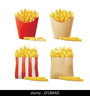 Vektor-Set von Kartoffeln Französisch Fries in rot weiß gestreiften Craft Papier Karton Verpackung Boxen Taschen isoliert auf Hintergrund. Fast Food Stock Vektor