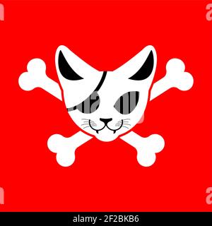 Schädelkatze und Kreuzknochen. Feline Piratenflagge. vektor-Illustration Stock Vektor