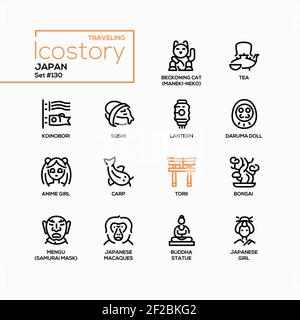Japan - Moderne Linie Design Stil Ikonen gesetzt. Japanische nationale Symbole und Traditionen. Bilder von Koinobori, Sushi, Laterne, Daruma-Puppe, Anime-Mädchen, Ca Stock Vektor