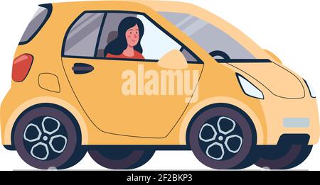 Eco Elektroauto, Illustration in flacher Ausführung. Ein umweltfreundliches Alternativfahrzeug. Gelb schönes Auto, das der Umwelt nicht schadet. Vektor. Stock Vektor