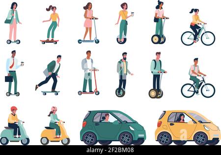 Flacher Vektor-Satz von umweltfreundlichen alternativen Fahrzeugen. Menschen, Männer und Frauen fahren moderne Öko-Autos, Elektroroller, Skateboards, Fahrräder, Mopeds. Grüne Energie Stock Vektor