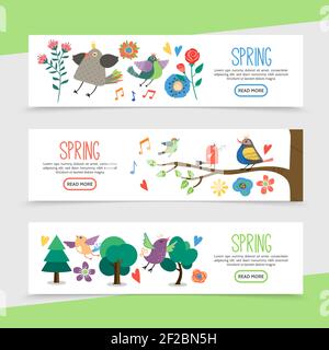Flache hallo Frühling horizontale Banner mit schönen Blumen Musik Noten Niedliche Vögel sitzen auf Ästen und fliegen im Wald vektorgrafik Stock Vektor