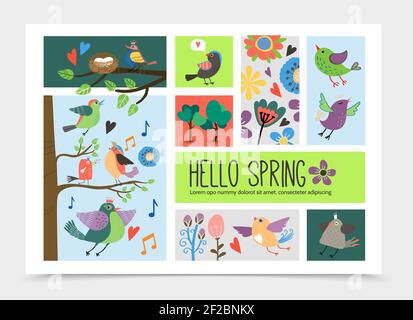 Flache Frühling Zeit romantische Infografik Vorlage mit Fliegen und Sitzen Auf Baumzweigen nisten schöne niedliche Vögel blühende Blumen Musik Notizen isolieren Stock Vektor