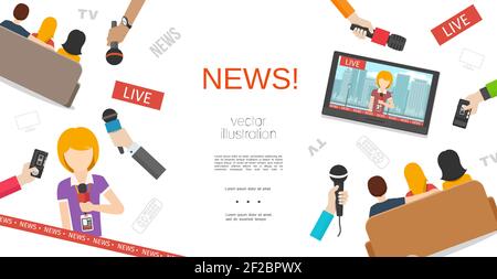 Flache Nachrichten bunte Vorlage mit Reporter verschiedenen männlichen und weiblichen Hände halten Mikrofone Menschen beobachten Nachrichten auf Fernsehen Vektor Illustration Stock Vektor