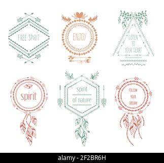 Boho Tribal Hipster Labels Set. Ornament vintage Symbol Element, Dekoration Zeichnung Sammlung, Vektor-Illustration Stock Vektor