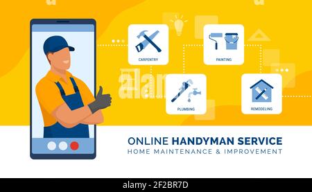 Professionelle Handwerker auf einem Video-Anruf präsentiert seine Dienstleistungen und geben Online-Beratung über Zimmerei, Sanitär, Malerei und Umbau Stock Vektor