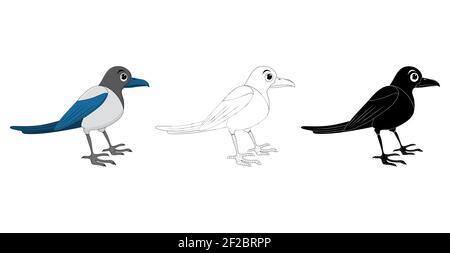 Elster Vogel Cartoon Illustration Set . Stehende Krähe Tier ornithologie Design. Vektor-Clip-Art auf weißem Hintergrund isoliert. Sammlung enthält silh Stock Vektor