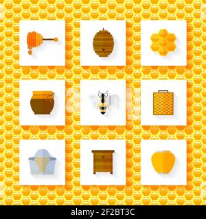 Set mit Honigelementen. Lebensmittel süß, Insekten und Zelle, Icon Wabe, Bienenwachs natürlich, Vektor-Illustration Stock Vektor