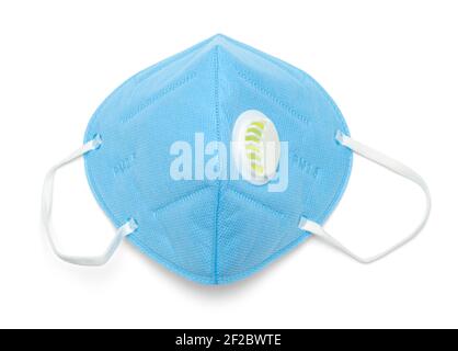 Blaue Mediacl PM2,5 Maske mit ausgeschnittenem, ausgeschnittenem Beatmungsbeutel. Stockfoto