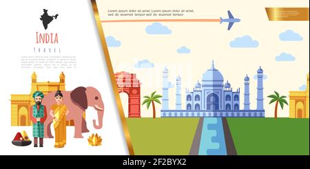 Flat India Reisekonzept mit indern in traditioneller Kleidung Elephant Lotus Blume Flugzeug fliegen über berühmte Wahrzeichen Vektor-Illustration Stock Vektor