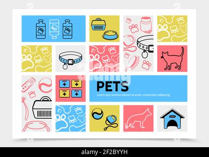 Haustiere Infografik Vorlage mit Katze Hundehalsbänder Pillen Träger hundehütte Kamm Schüssel Zuführungsthermometer Leine Nagelknipser Linie Symbole Vektor Abbildung Stock Vektor