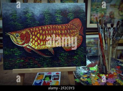 Hand gezeichnet, Kunst, Malerei, Ölfarbe, verheißungsvoll, Arowana Fisch, glücklich, Thai Land Stockfoto