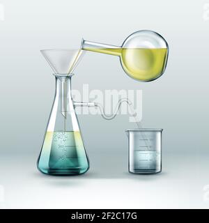 Vector chemische Reaktionen Forschung wird mit Glasflaschen voll von gelb blauen Flüssigkeit, Trichter und Becher isoliert auf Hintergrund getan Stock Vektor