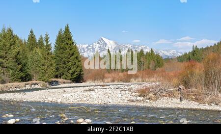 Waldfluss Bela mit kleinen runden Steinen und Nadelbäumen und braunen Büschen auf beiden Seiten, sonniger Tag, Krivan Gipfel - slowakisches Symbol - in der Ferne Stockfoto