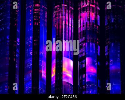 Abstract 3D Illustration - Helle futuristische Türme auf einem dunklen Hintergrund Stockfoto