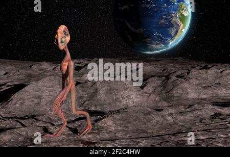 Alien auf der Oberfläche des Mondes und der Planet Erde auf einem Hintergrund. 3D Rendern. Stockfoto