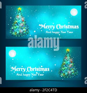 Flaches Design dekoriert weihnachtsbaum in Mondlicht Banner isoliert Vektor Abbildung Stock Vektor
