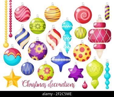 Isolierte Dekorationen Set mit verschiedenen Weihnachts-Weihnachtsschmuck für neue Jahresbaum auf leerem Hintergrund Vektorgrafik Stock Vektor