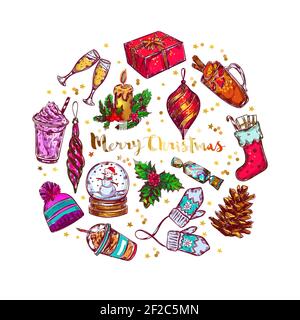 Weihnachten Skizze Schriftzug Kreis Komposition mit isolierten Icon-Set kombiniert Im großen Kreis mit Beschreibung Vektor Illustration Stock Vektor
