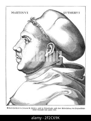 Martin Luther Porträt in seinen 38 Jahren, von Lucas Cranach Deutscher Renaissance-Grafiker, Jahrgang 1521 Stockfoto