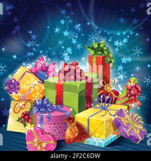 Cartoon Geschenke Boxen Urlaub Komposition mit Symbol-Set liegen in Ein Bündel Vektor Illustration Stock Vektor