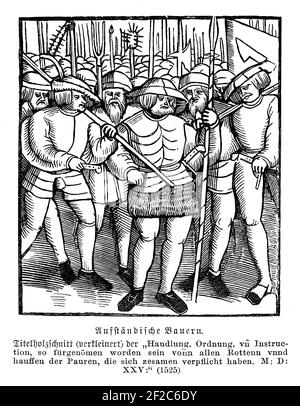 Titelseite einer Broschüre mit den "12 Artikeln der Bauern" das erste nach dem deutschen Bauernkrieg vereinbarte, gedruckte europäische verfassungsähnliche Programm. Die zwölf Artikel wurden über 25.000 Mal gedruckt, eine große Menge für das XVI Jahrhundert Stockfoto