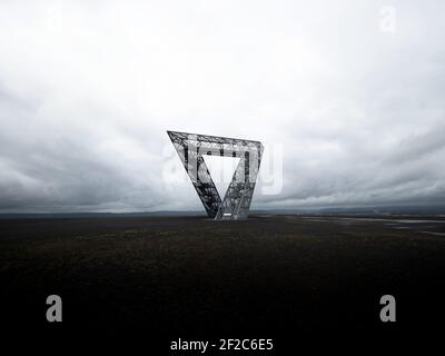 Panorama-Ansicht der Stahlkonstruktion Baudenkmal Kohle Bergbau Industrie gedenkstätte Saarpolygon auf der Bergehalde Duhamel in Ensdorf Saarlouis Saarl Stockfoto