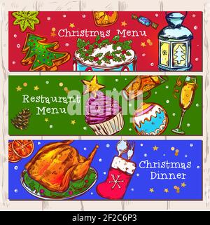 Drei bunte horizontale Banner mit weihnachtsmenü gezeichnet Skizzenbilder Sterne und Schneeflocken Symbole Vektor-Illustration Stock Vektor