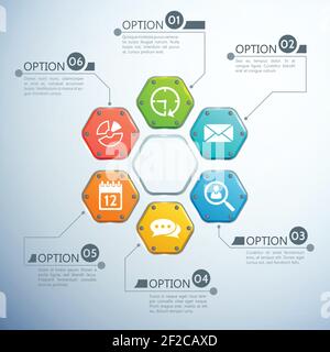 Business Infografik Design-Konzept mit bunten Sechsecken sechs Optionen und Weiße Symbole auf Vektorgrafik mit grauem Hintergrund Stock Vektor