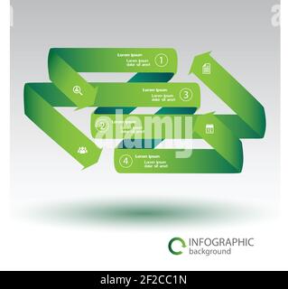 Web-Infografik-Vorlage mit grünen gebogenen Band Pfeile vier Optionen Und weiße Symbole isolierte Vektordarstellung Stock Vektor