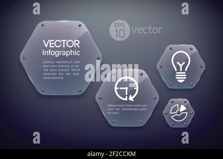 Infografik Design-Vorlage mit Business-Ikonen und Glas glänzenden Sechsecken Vektorgrafik auf dunklem Hintergrund Stock Vektor