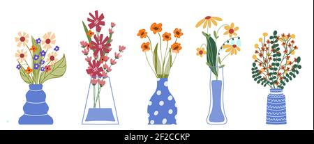 Set von hellen Frühlingsblumen in Vasen und Flaschen isoliert auf einem weißen Hintergrund. Cartoon flache Vektor-Illustration. Stock Vektor